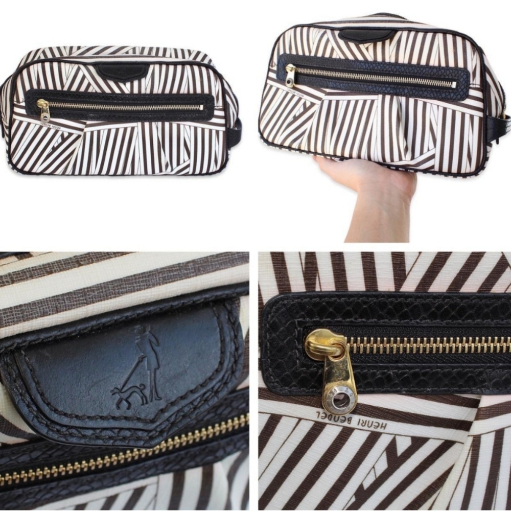 Henri Bendel Centennial Stripe Makeup Case / Cosmetic Bag Large Coated Canvas.